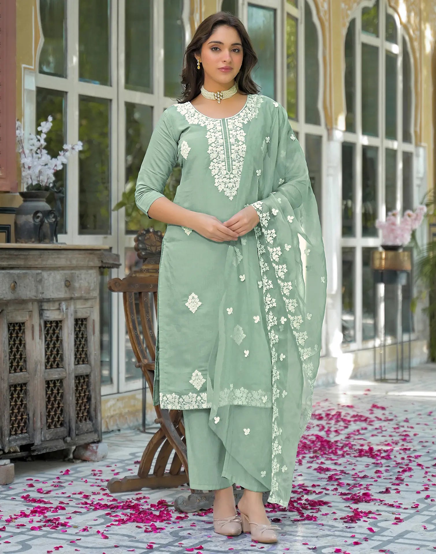 Skylee Silk Embroidered Straight 3 Piece Kurta Set For Woman