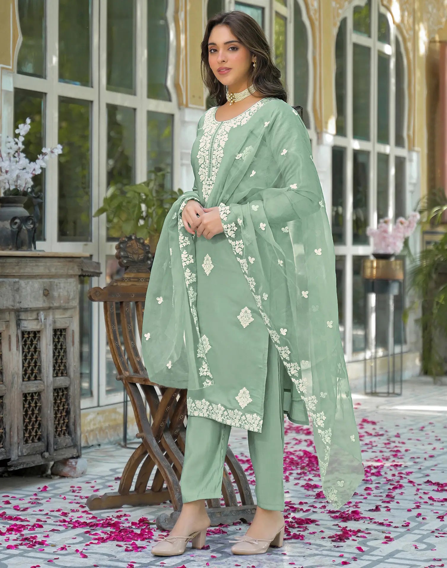 Skylee Silk Embroidered Straight 3 Piece Kurta Set For Woman