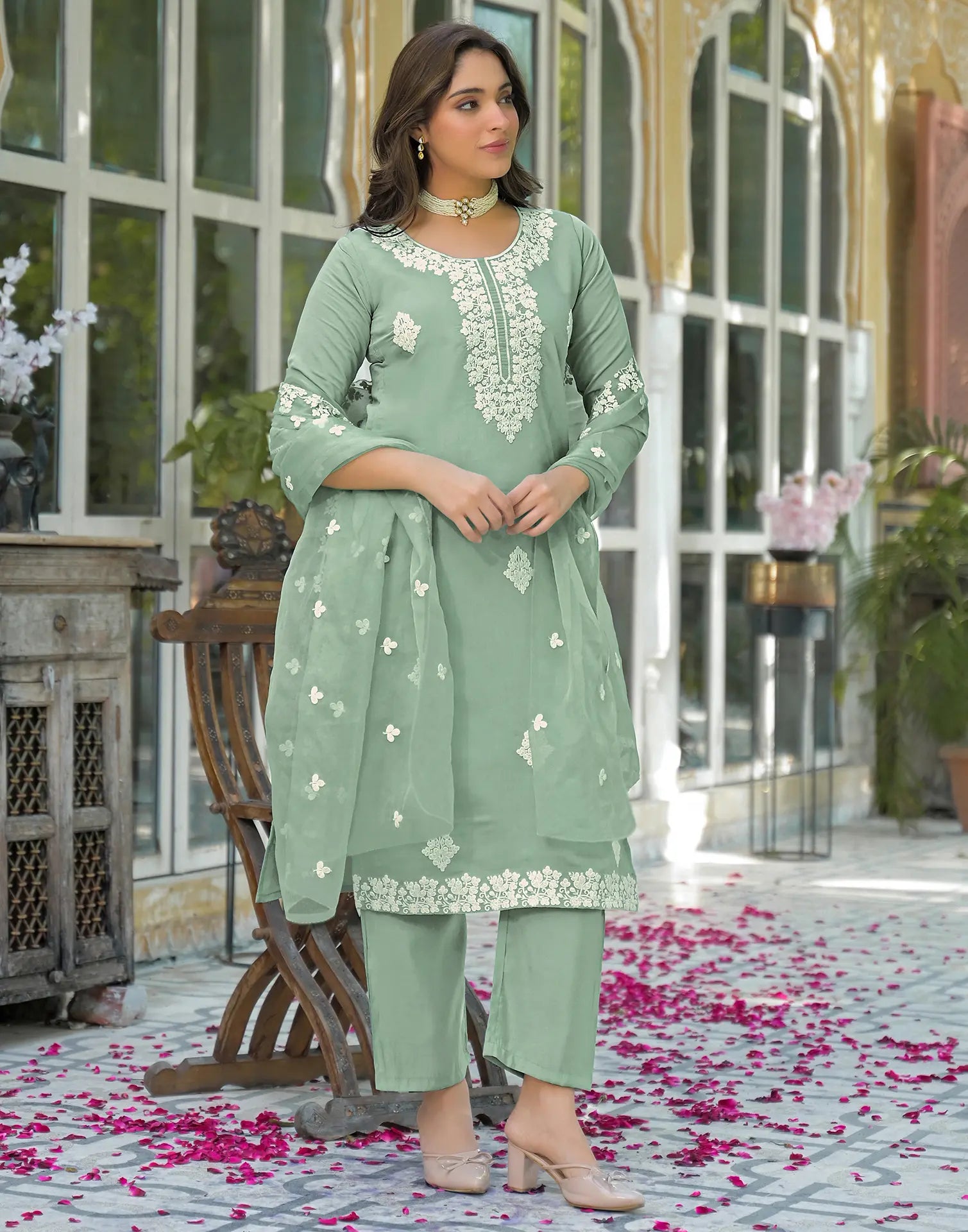 Skylee Silk Embroidered Straight 3 Piece Kurta Set For Woman