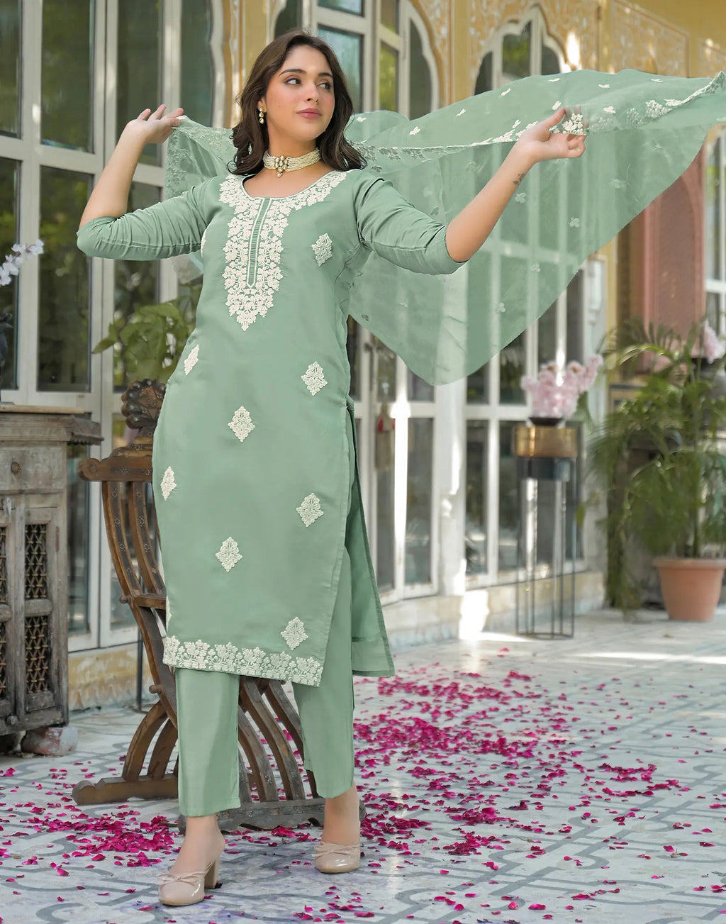 Skylee Silk Embroidered Straight 3 Piece Kurta Set For Woman
