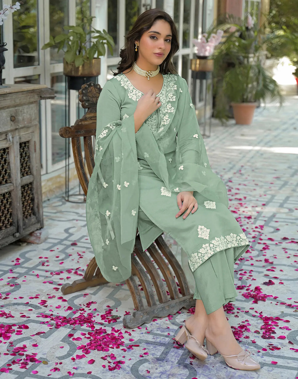 Skylee Silk Embroidered Straight 3 Piece Kurta Set For Woman