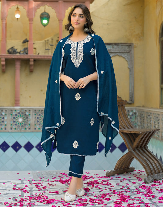 Silk Embroidered Straight 3 Piece Kurta Set