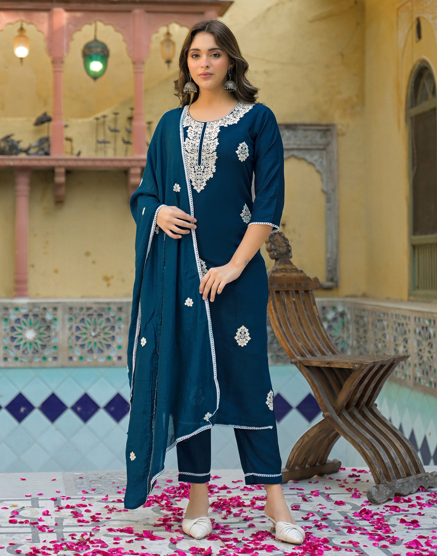 Skylee Silk Embroidered Straight 3 Piece Kurta Set For Woman