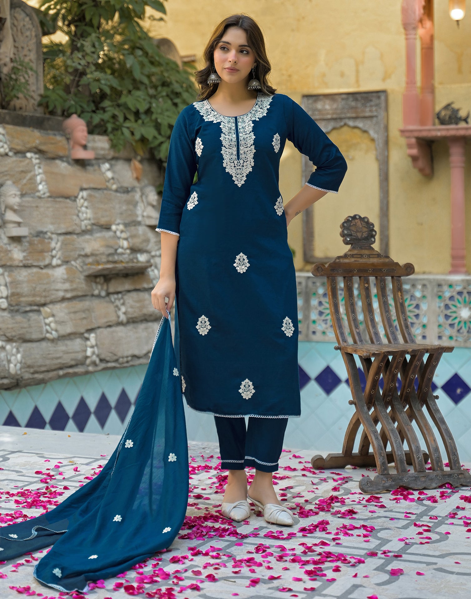 Skylee Silk Embroidered Straight 3 Piece Kurta Set For Woman