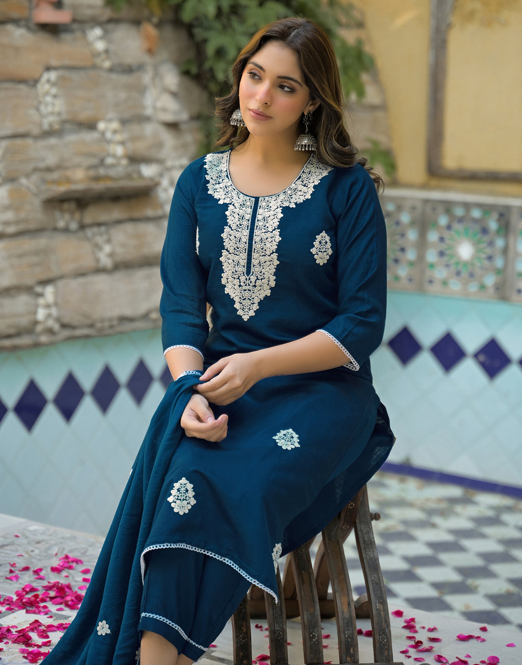 Skylee Silk Embroidered Straight 3 Piece Kurta Set For Woman