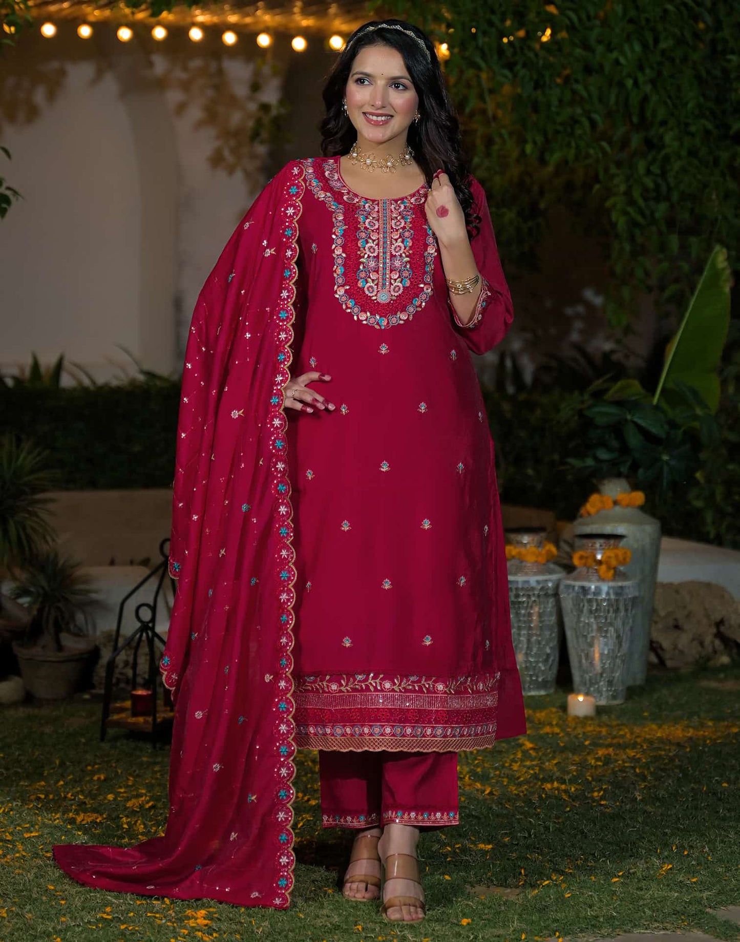 Silk Straight Embroidery Round Neck Kurta with Pant & Dupatta