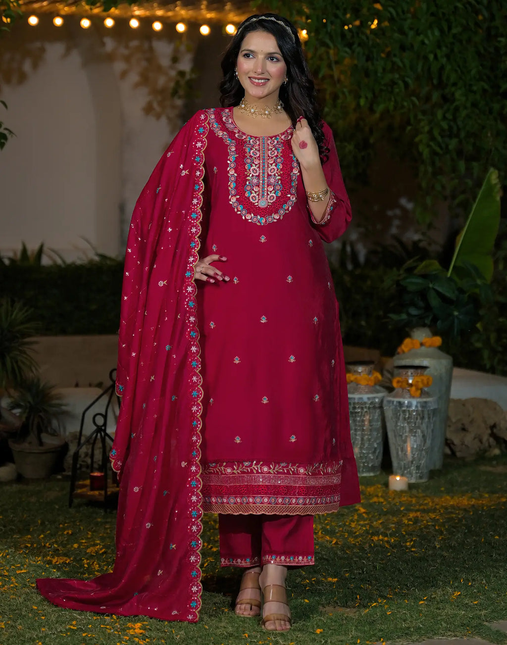 Silk Blend Embroidered Straight 3 Piece Kurta Set