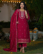 Silk Blend Embroidered Straight 3 Piece Kurta Set