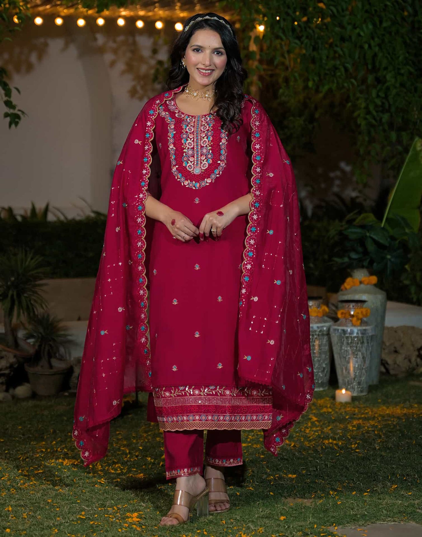 Silk Straight Embroidery Round Neck Kurta with Pant & Dupatta