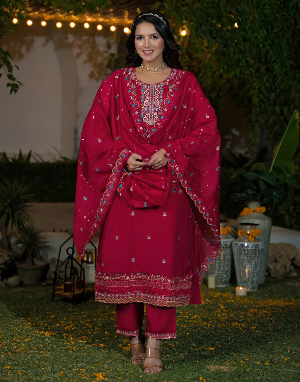 Silk Blend Embroidered Straight 3 Piece Kurta Set