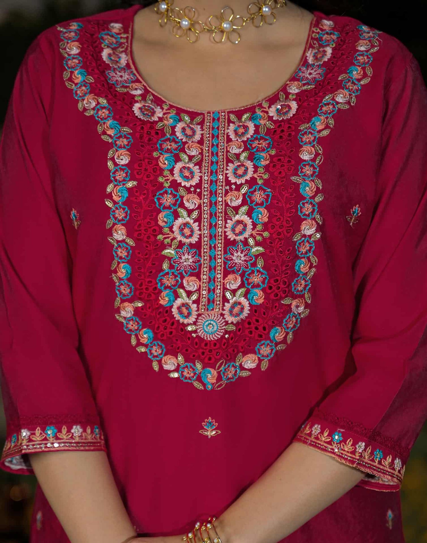 Silk Straight Embroidery Round Neck Kurta with Pant & Dupatta