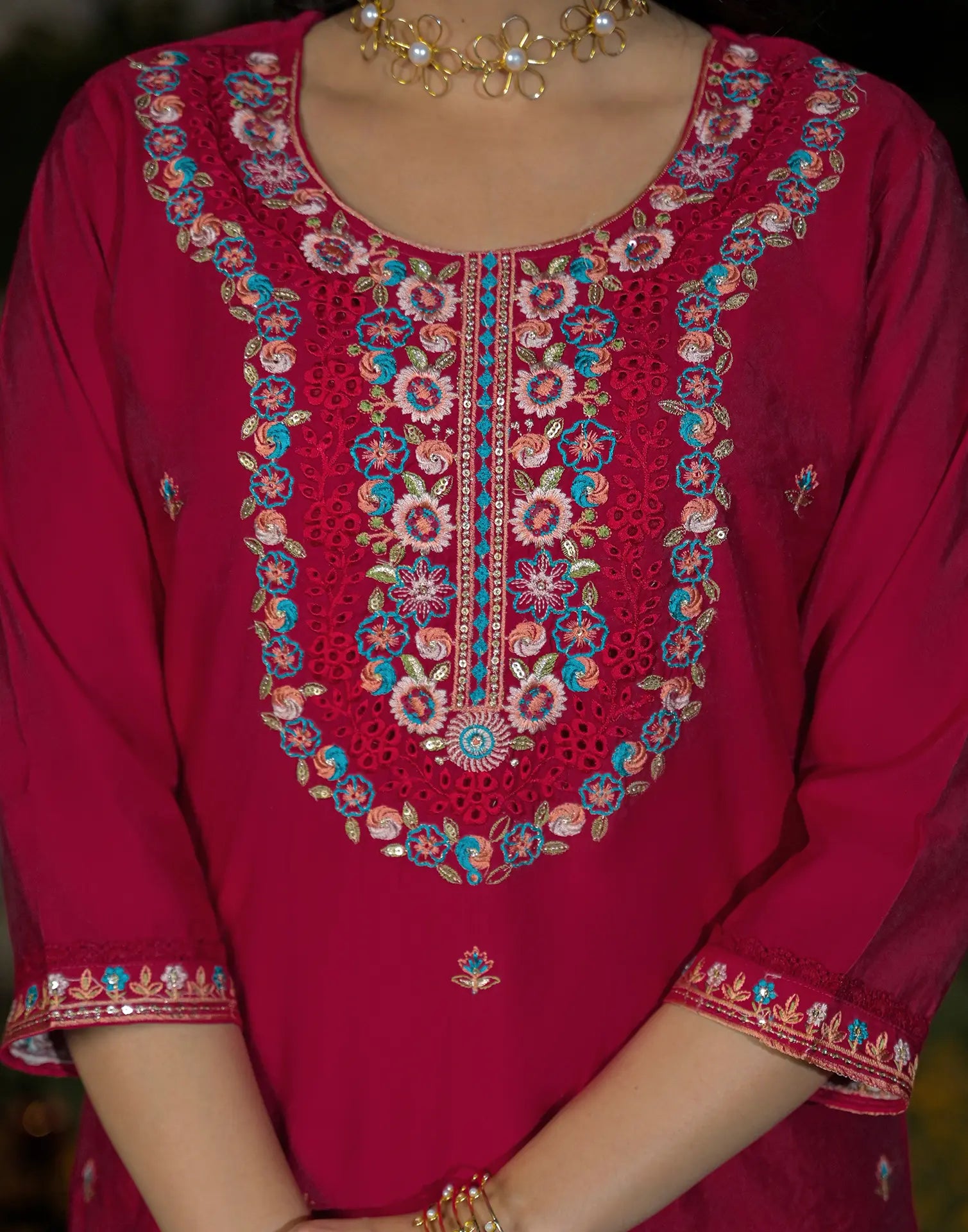 Silk Blend Embroidered Straight 3 Piece Kurta Set