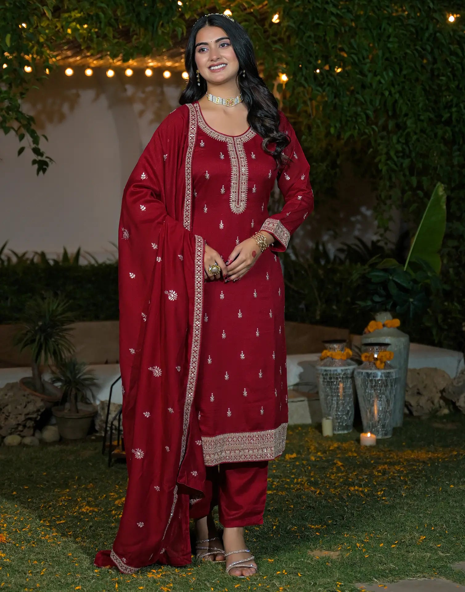 Silk Blend Embroidered Straight 3 Piece Kurta Set