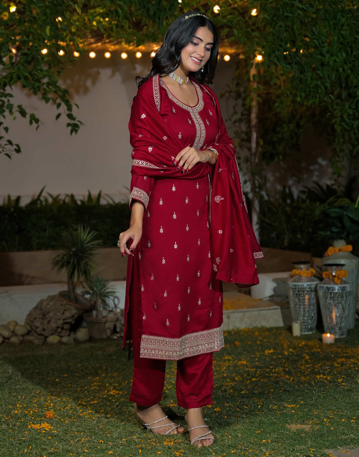Silk Straight Embroidery Round Neck Kurta with Pant & Dupatta