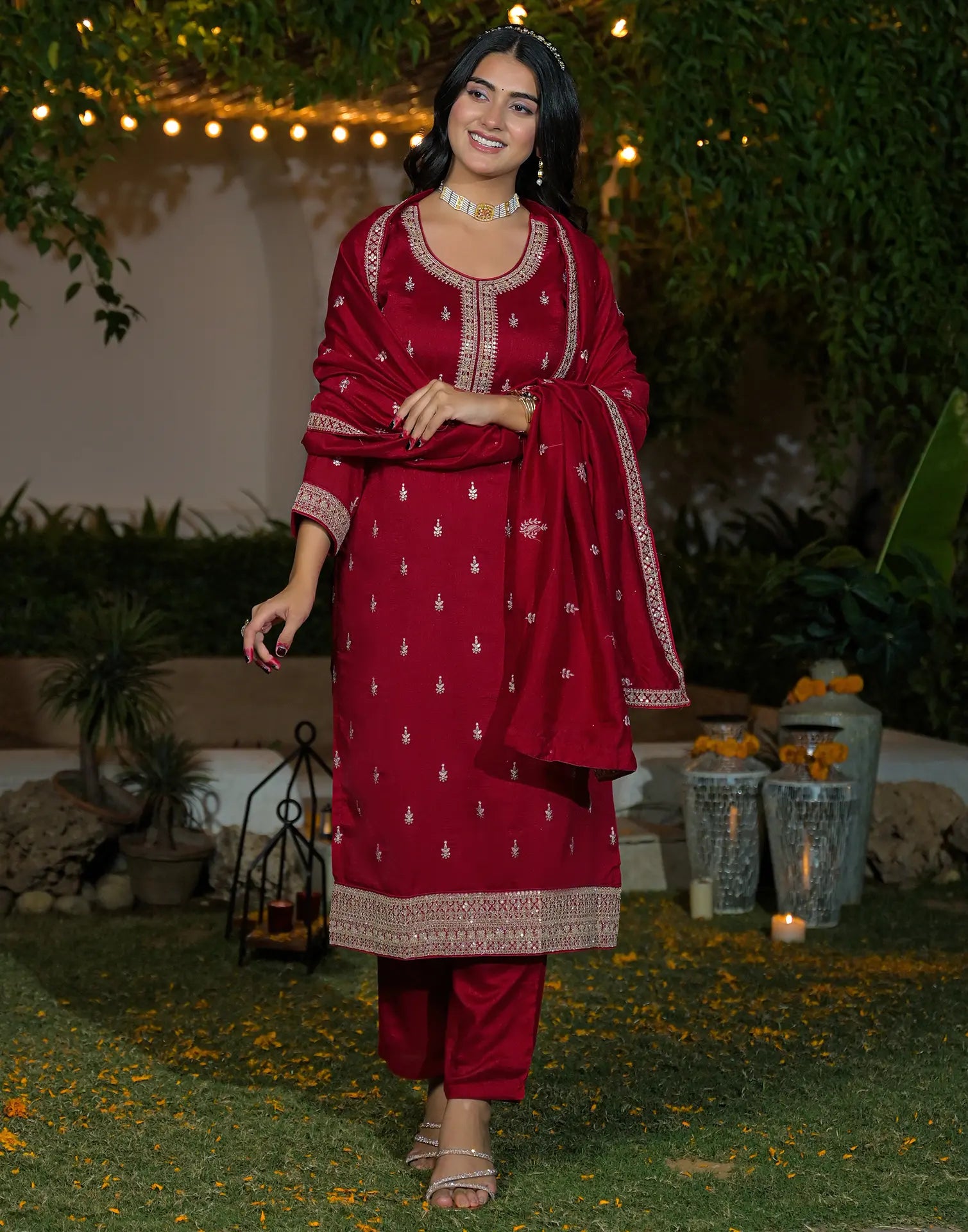 Silk Blend Embroidered Straight 3 Piece Kurta Set