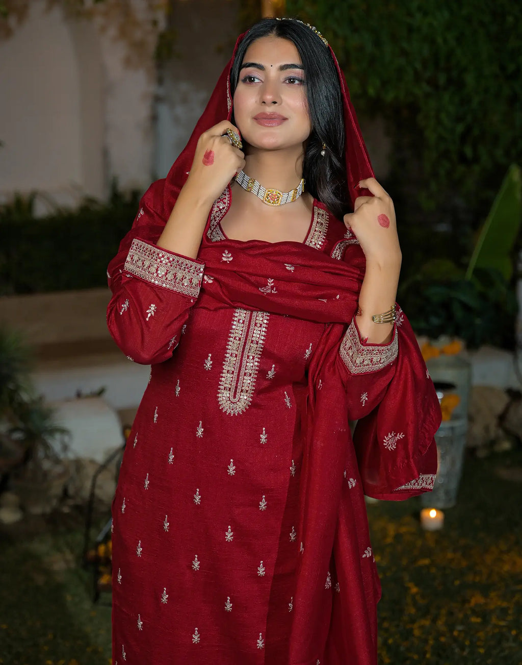 Silk Blend Embroidered Straight 3 Piece Kurta Set