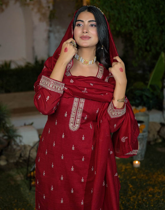 Silk Straight Embroidery Round Neck Kurta with Pant & Dupatta