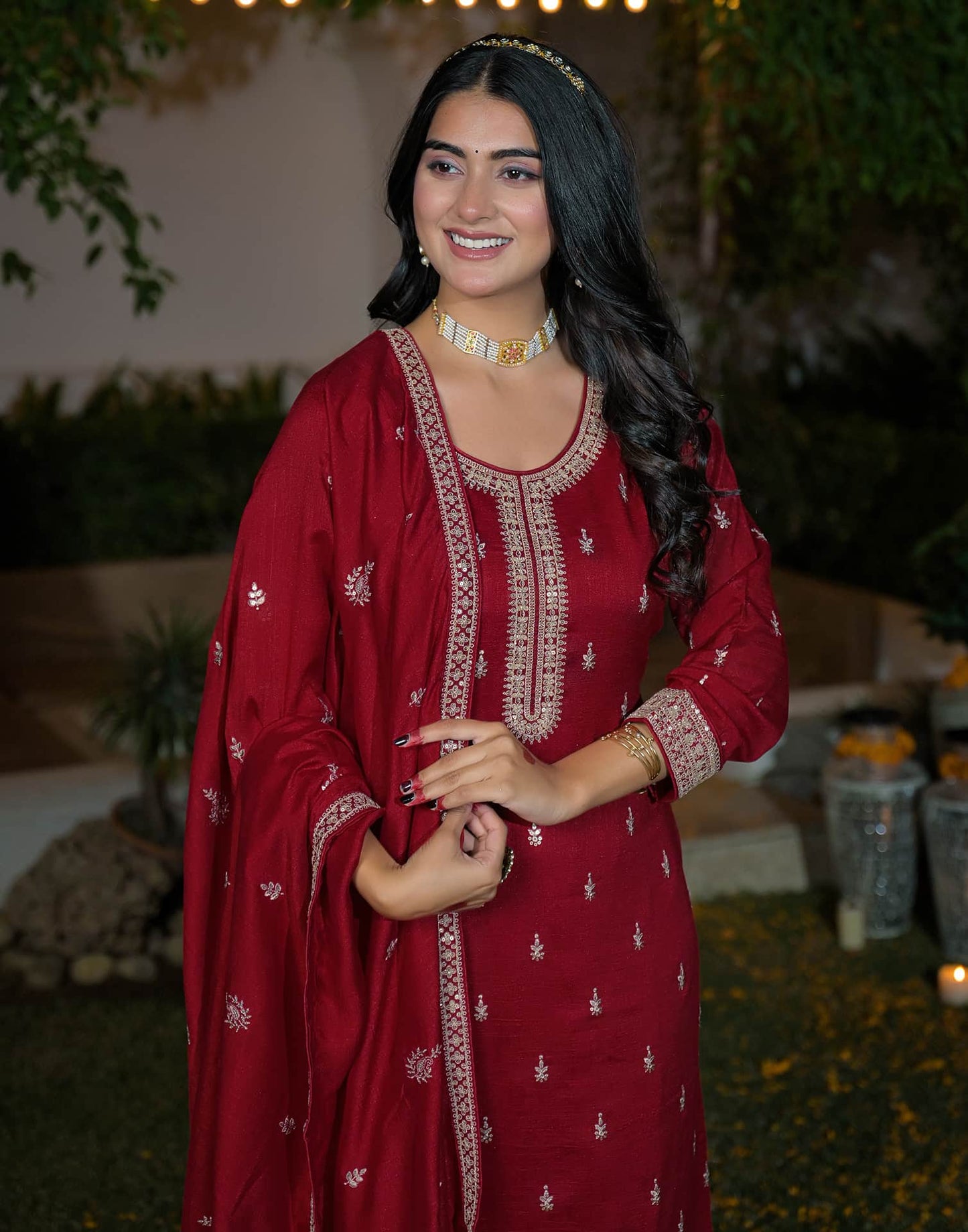 Silk Straight Embroidery Round Neck Kurta with Pant & Dupatta