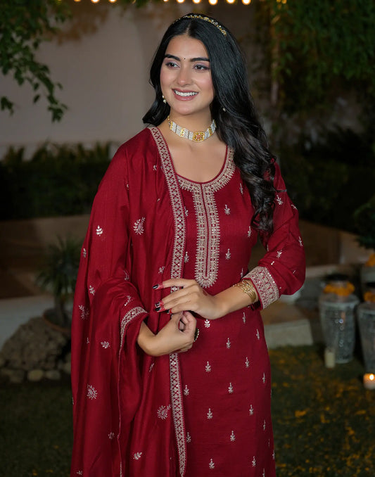 Silk Blend Embroidered Straight 3 Piece Kurta Set