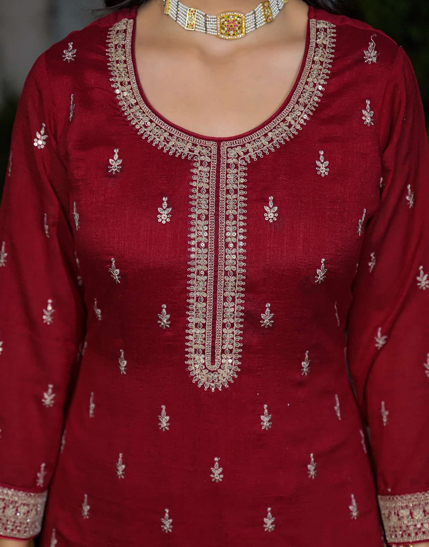 Silk Straight Embroidery Round Neck Kurta with Pant & Dupatta