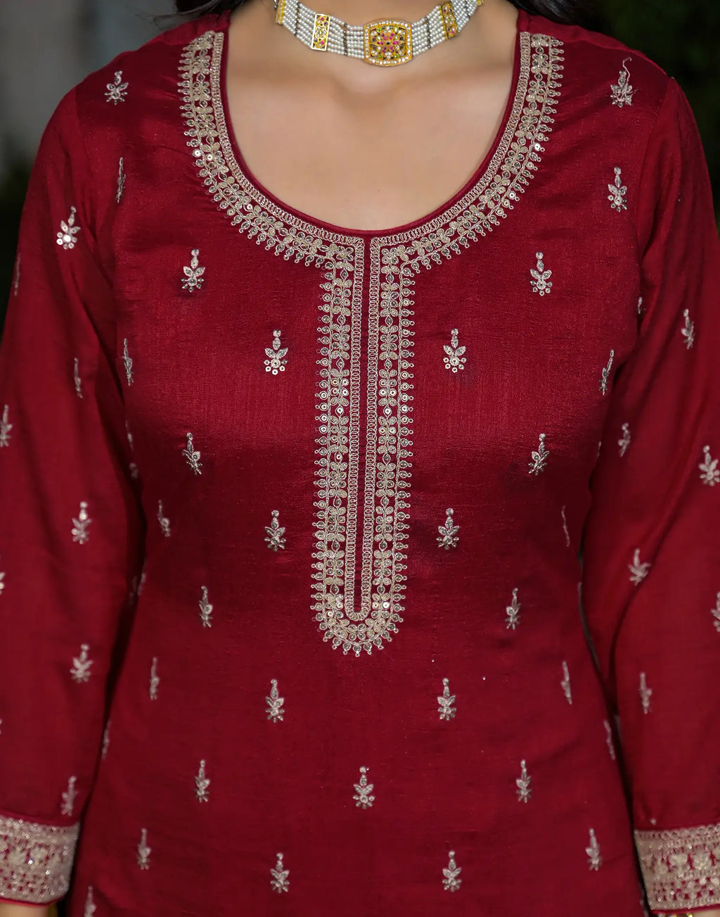 Silk Blend Embroidered Straight 3 Piece Kurta Set