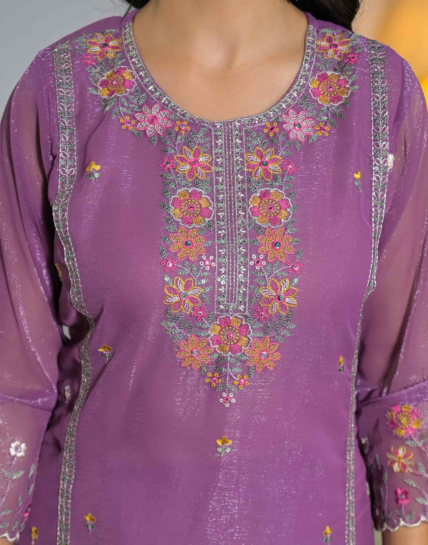 Shimmer Chiffon Straight Embroidery Round Neck Kurta with Pant & Dupatta