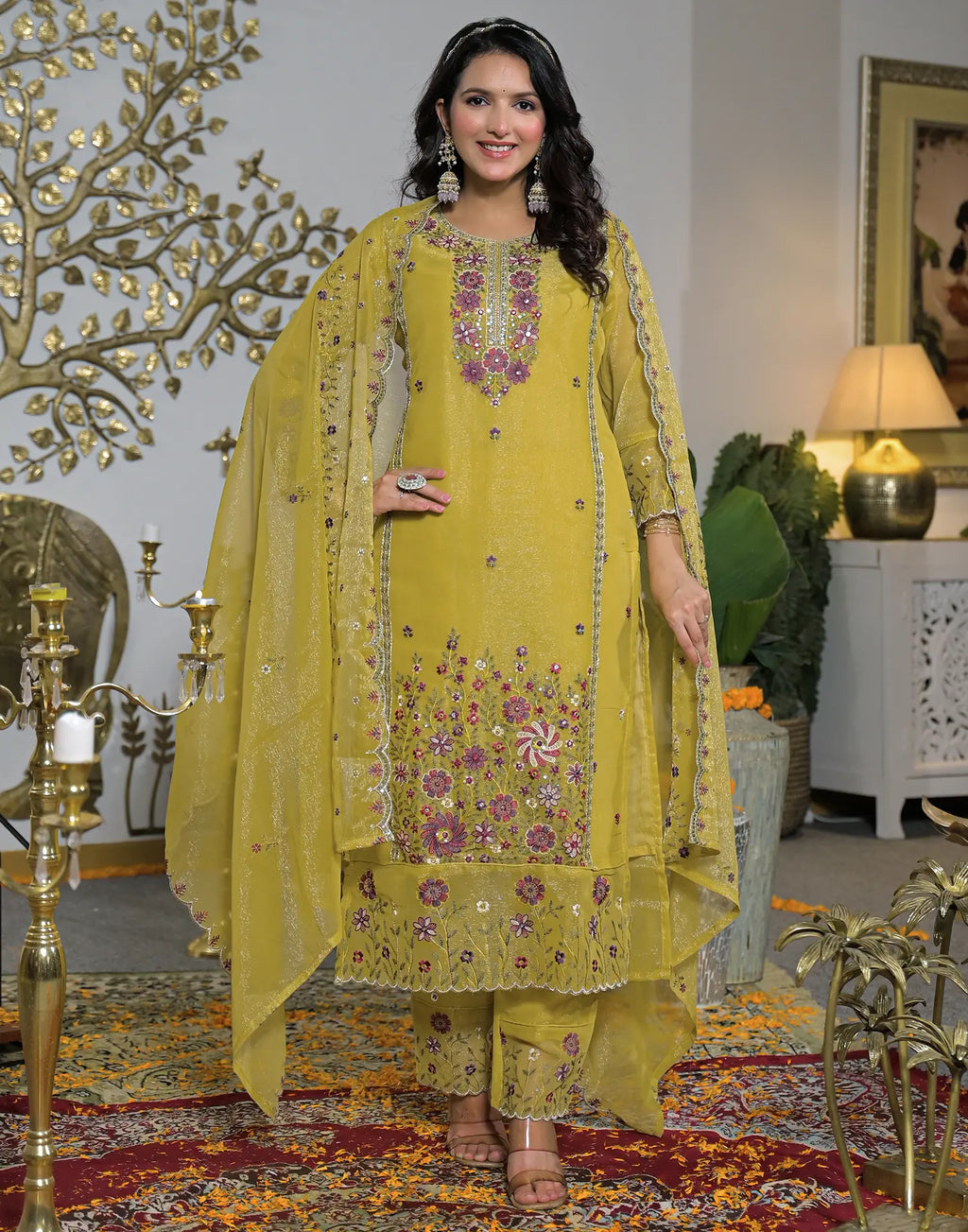 Shimmer Chiffon Embroidered Straight 3 Piece Kurta Set
