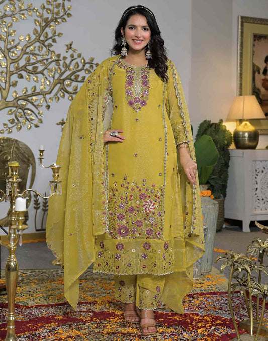 Shimmer Chiffon Straight Embroidery Round Neck Kurta with Pant & Dupatta