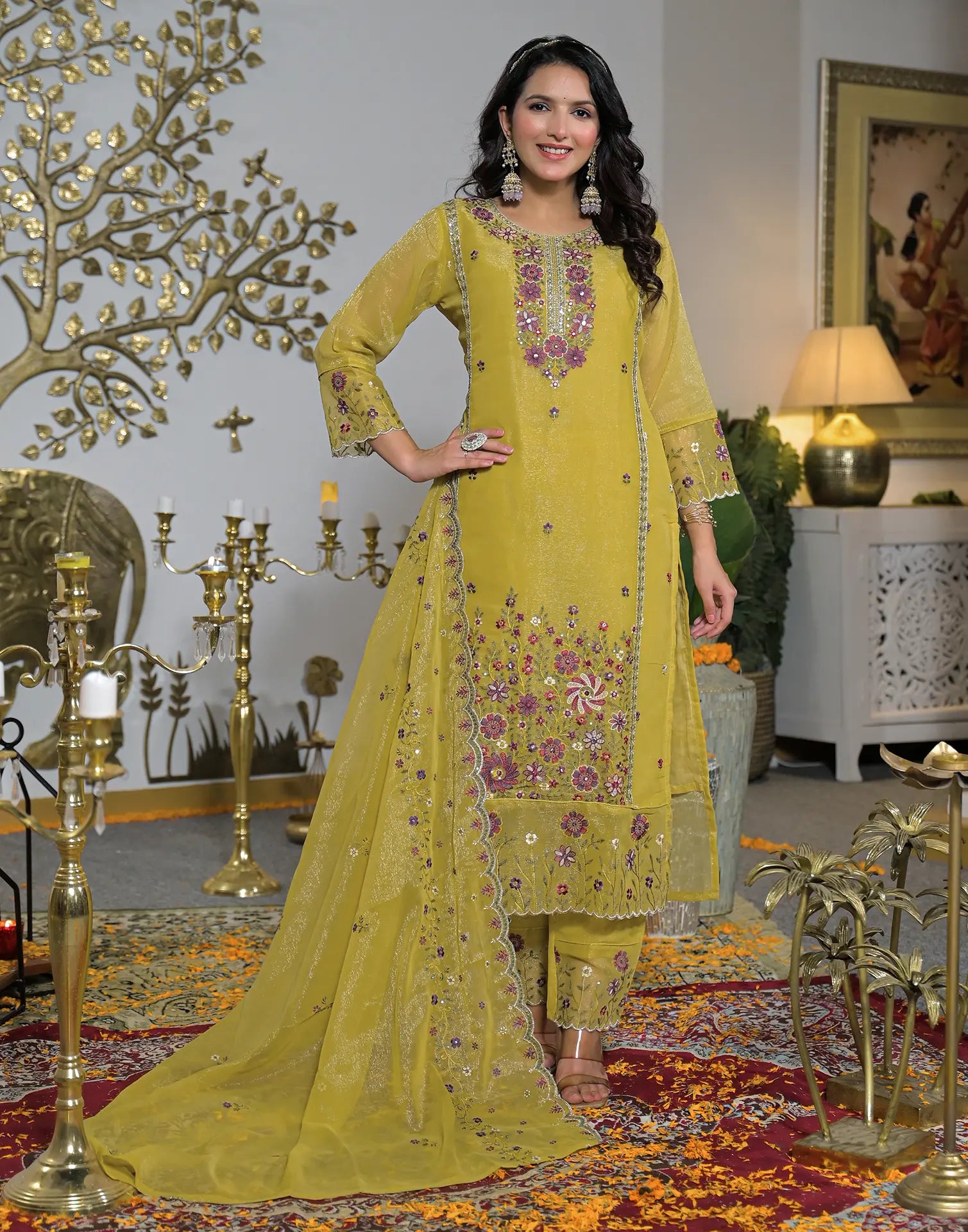 Shimmer Chiffon Embroidered Straight 3 Piece Kurta Set