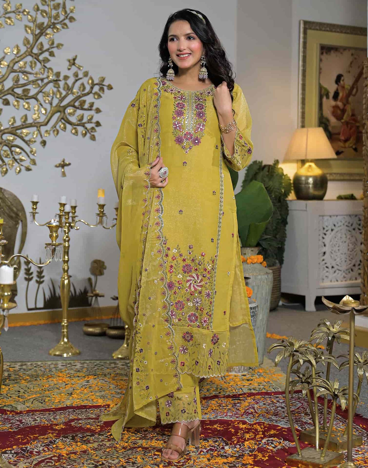 Shimmer Chiffon Straight Embroidery Round Neck Kurta with Pant & Dupatta