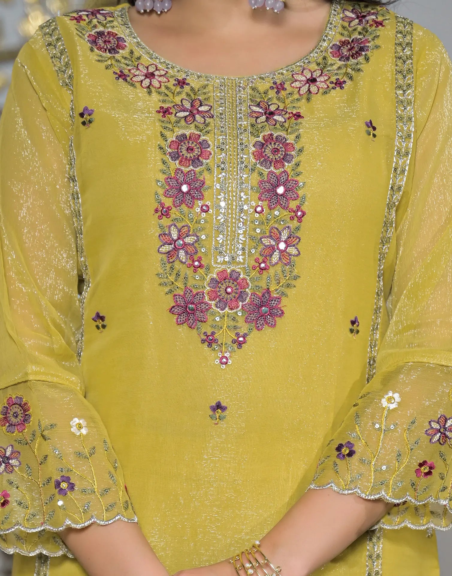 Shimmer Chiffon Embroidered Straight 3 Piece Kurta Set