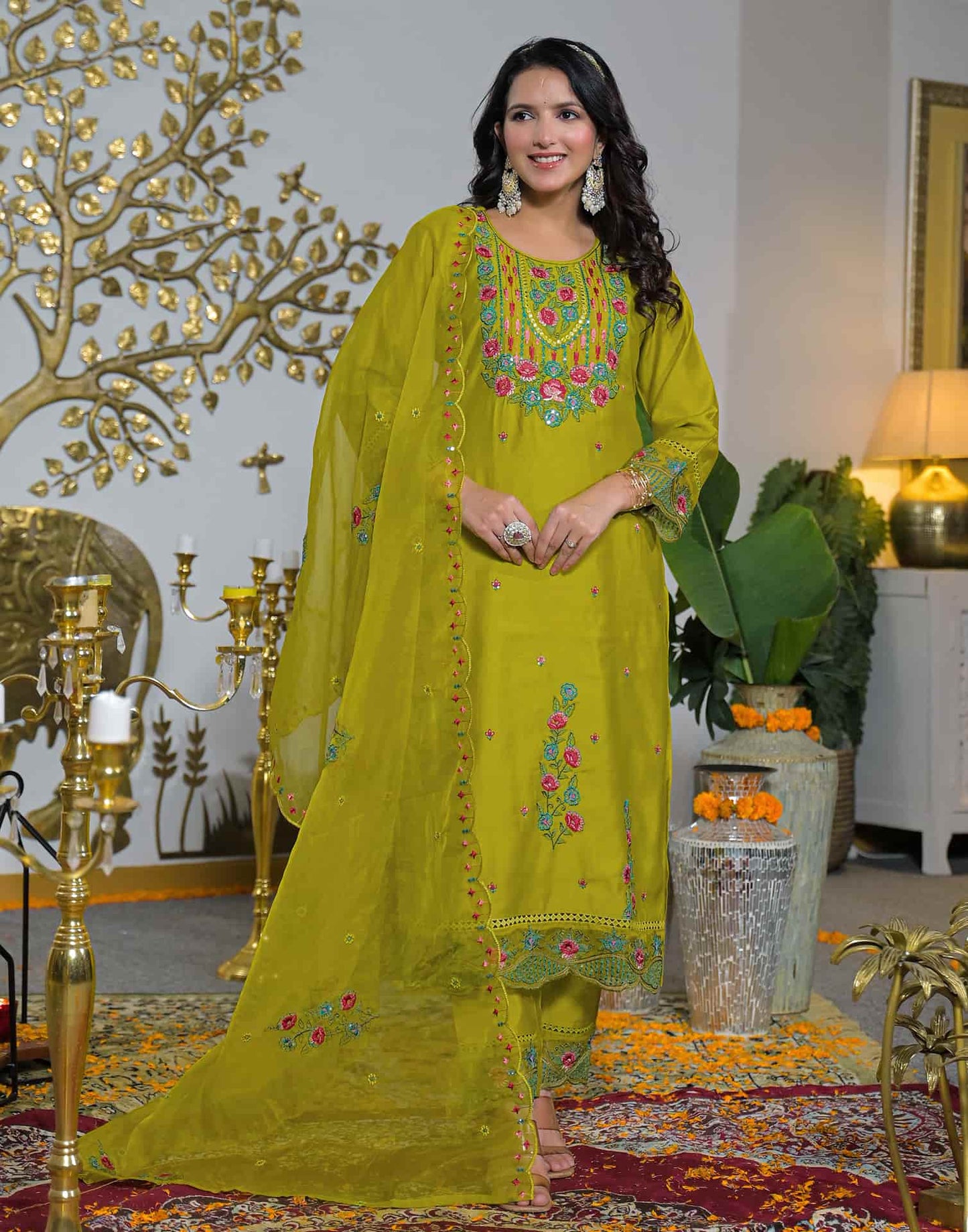 Silk Straight Embroidery Round Neck Kurta with Pant & Dupatta