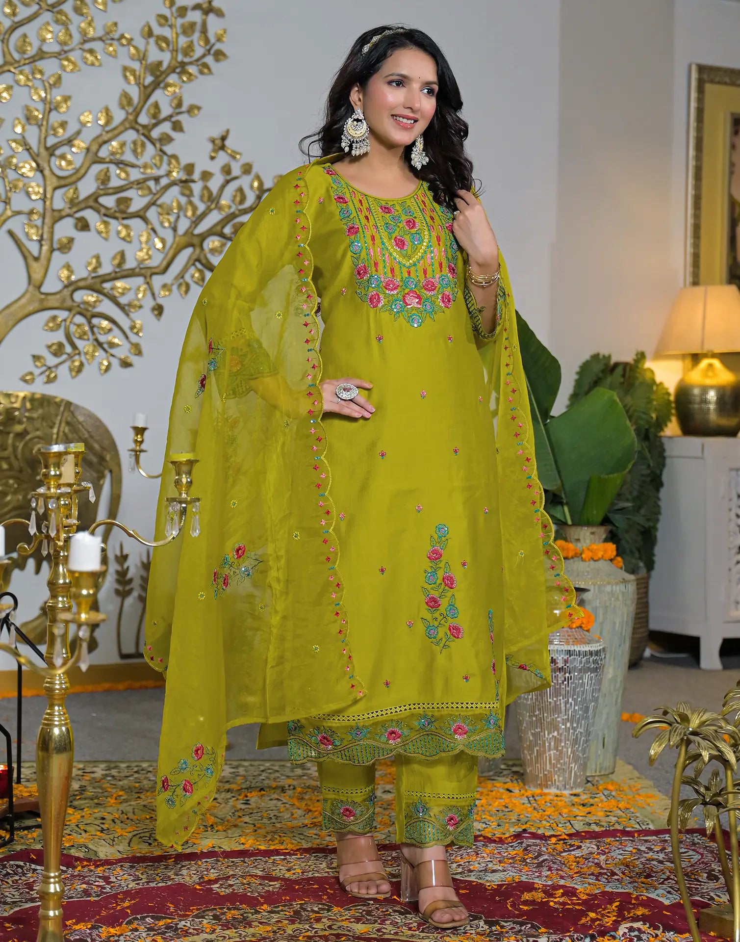 Silk Embroidered Straight 3 Piece Kurta Set