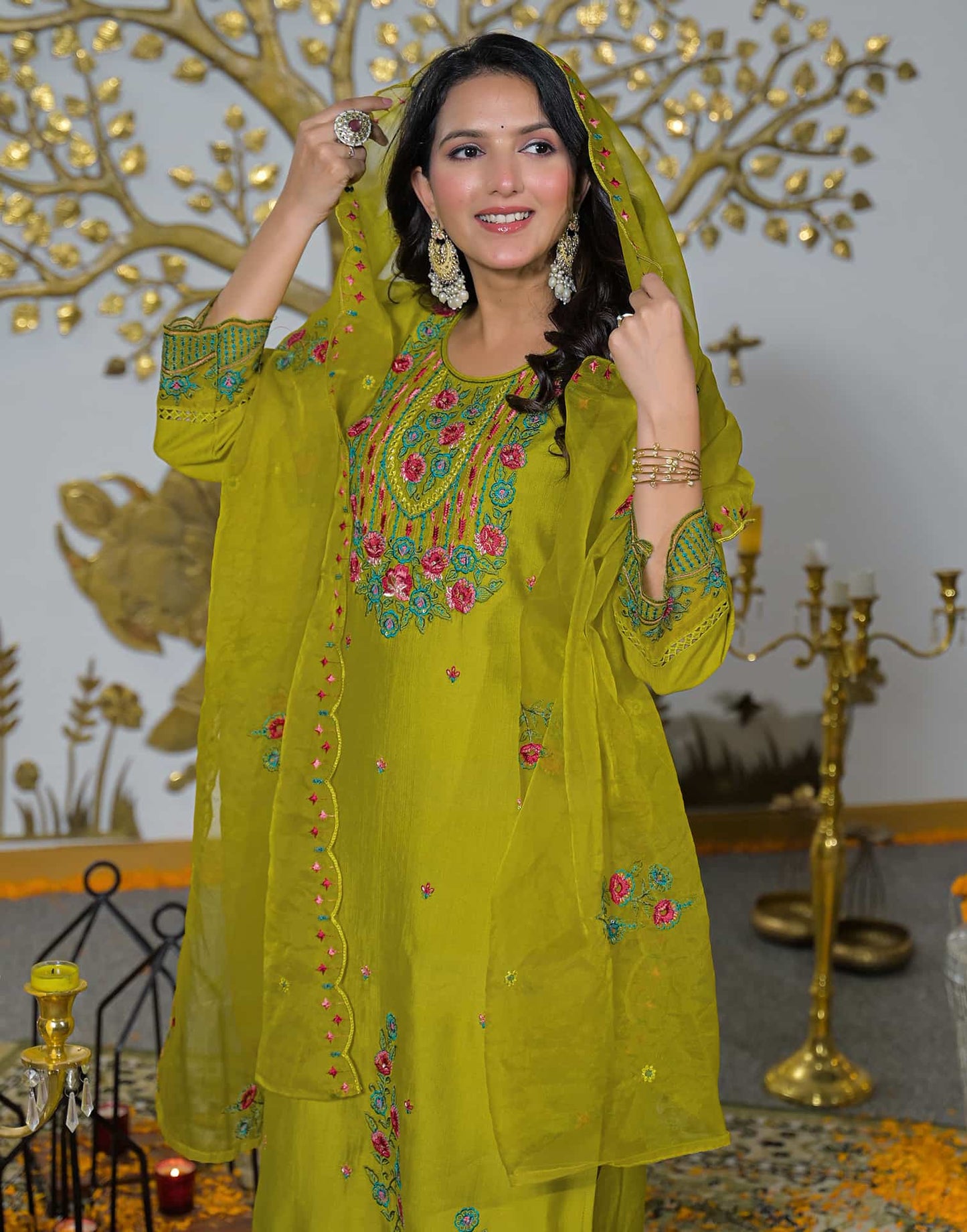 Silk Straight Embroidery Round Neck Kurta with Pant & Dupatta