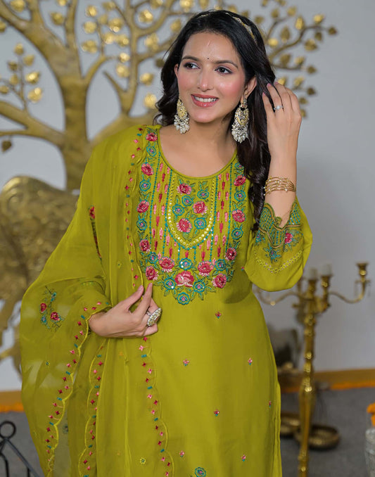 Silk Straight Embroidery Round Neck Kurta with Pant & Dupatta