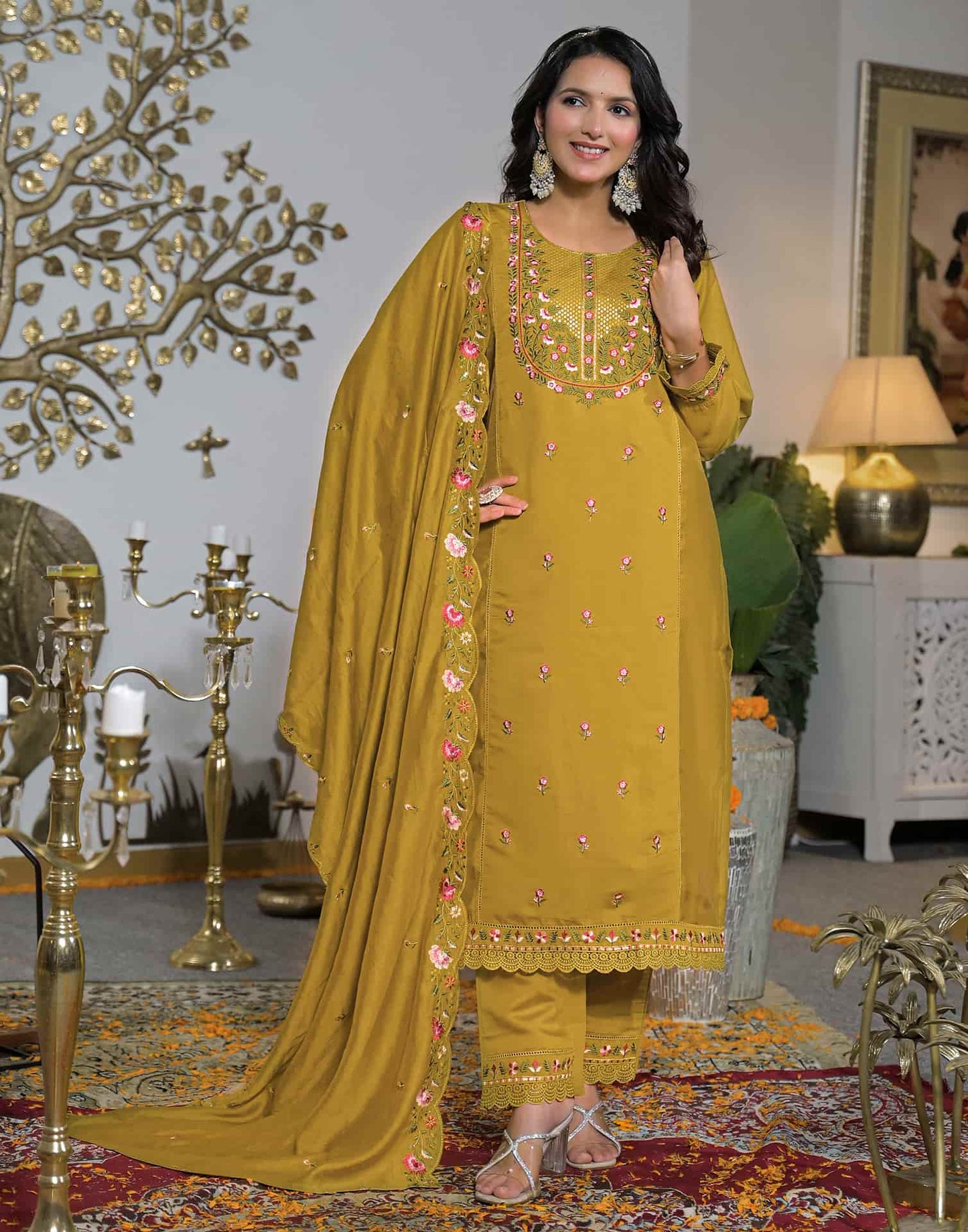 Silk Straight Embroidery Round Neck Kurta with Pant & Dupatta