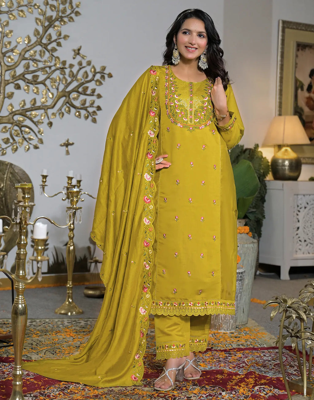Silk Blend Embroidered Straight 3 Piece Kurta Set