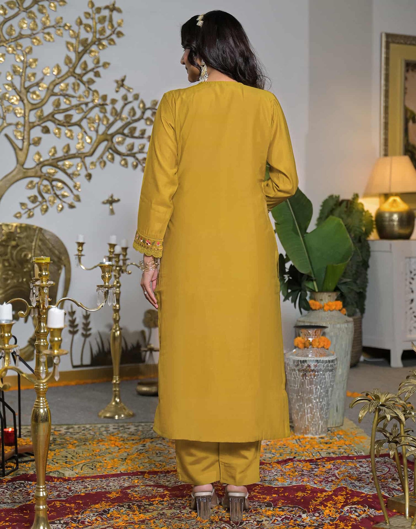 Silk Straight Embroidery Round Neck Kurta with Pant & Dupatta