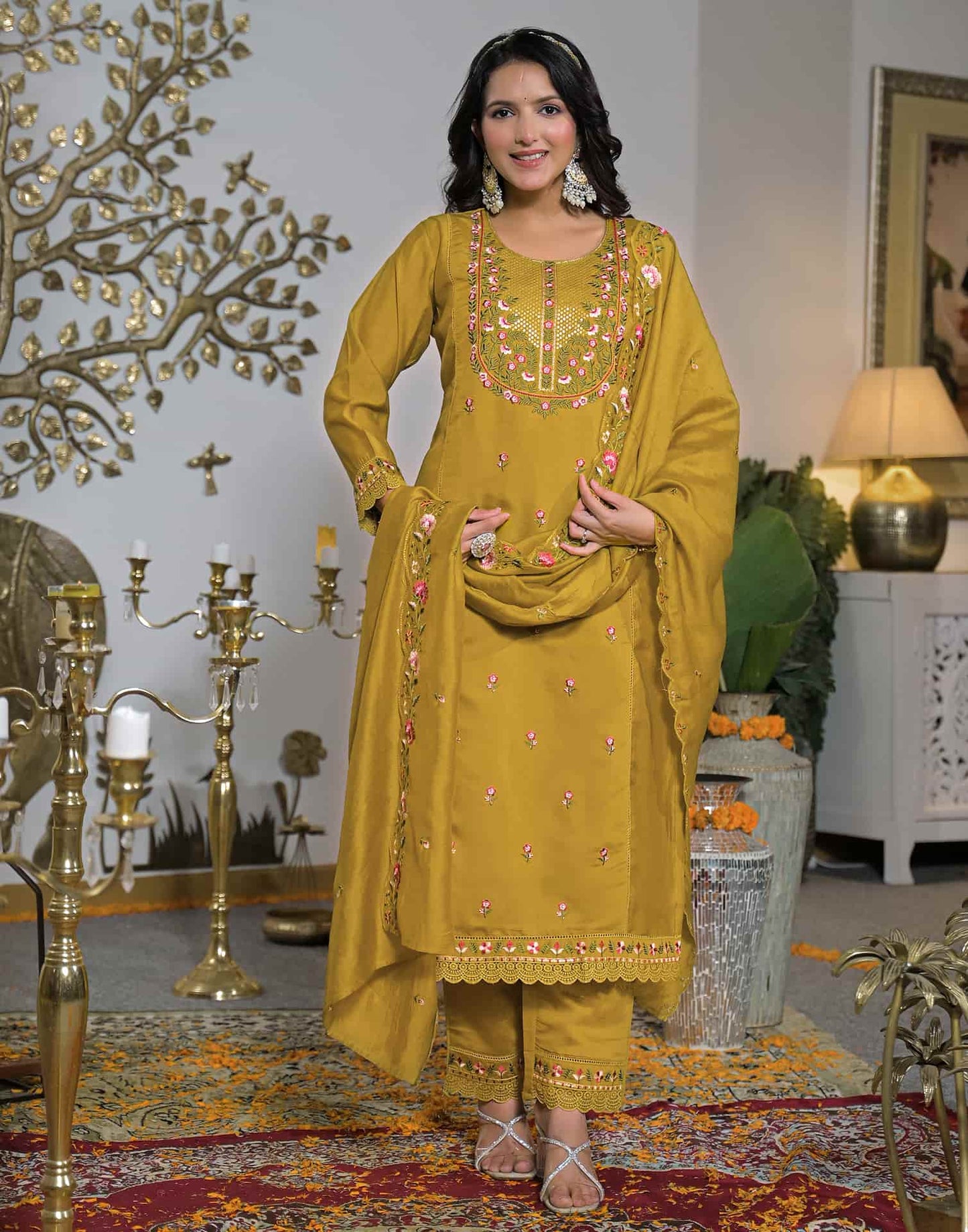 Silk Straight Embroidery Round Neck Kurta with Pant & Dupatta