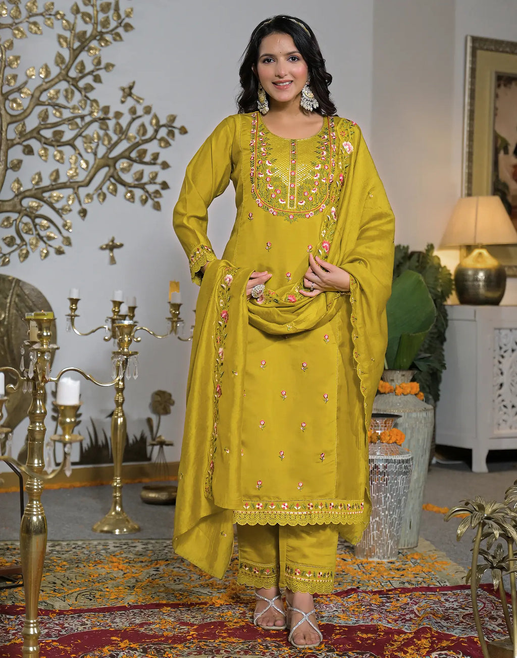 Silk Blend Embroidered Straight 3 Piece Kurta Set