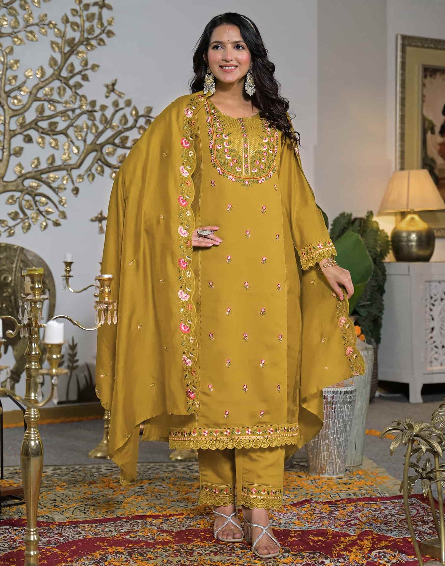 Silk Straight Embroidery Round Neck Kurta with Pant & Dupatta