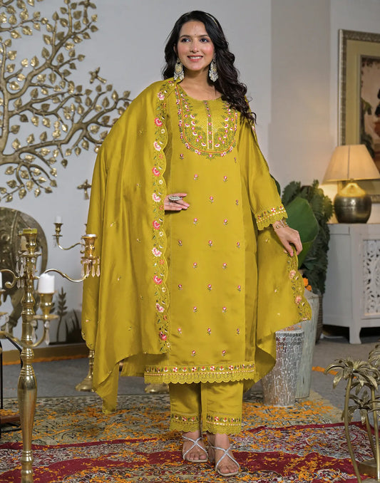 Silk Blend Embroidered Straight 3 Piece Kurta Set