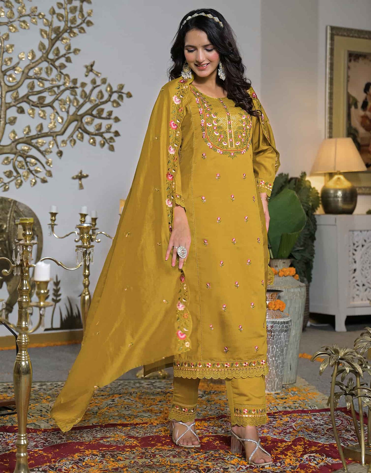 Silk Straight Embroidery Round Neck Kurta with Pant & Dupatta