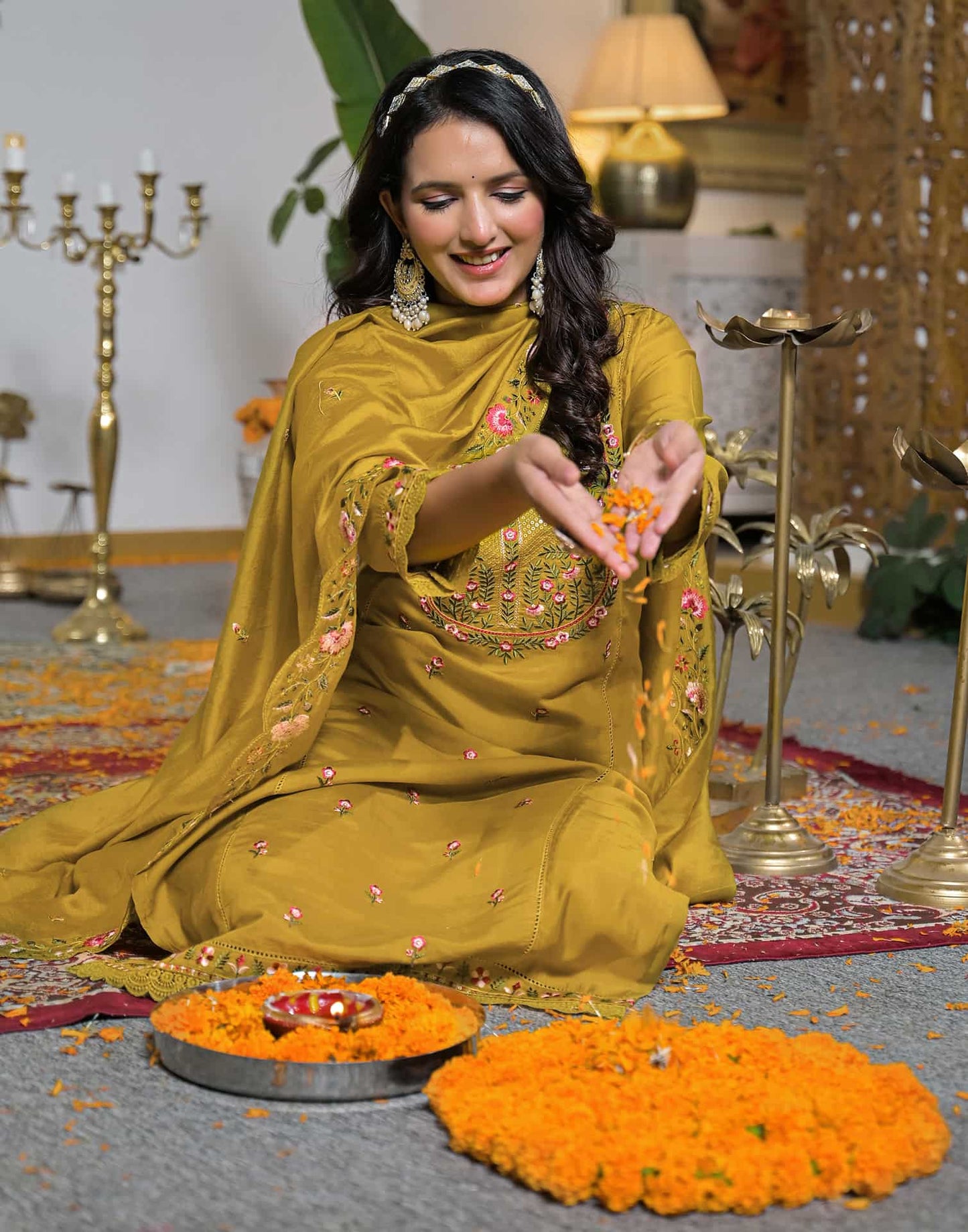 Silk Straight Embroidery Round Neck Kurta with Pant & Dupatta