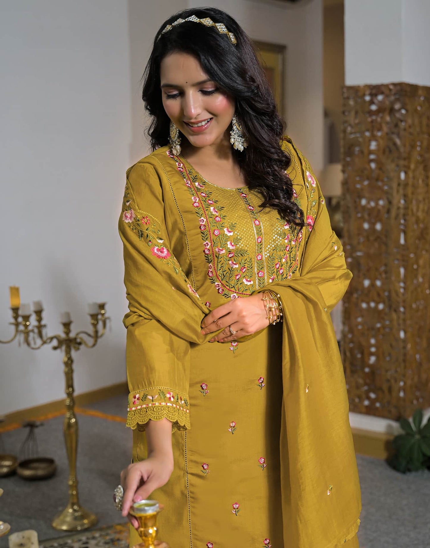 Silk Straight Embroidery Round Neck Kurta with Pant & Dupatta