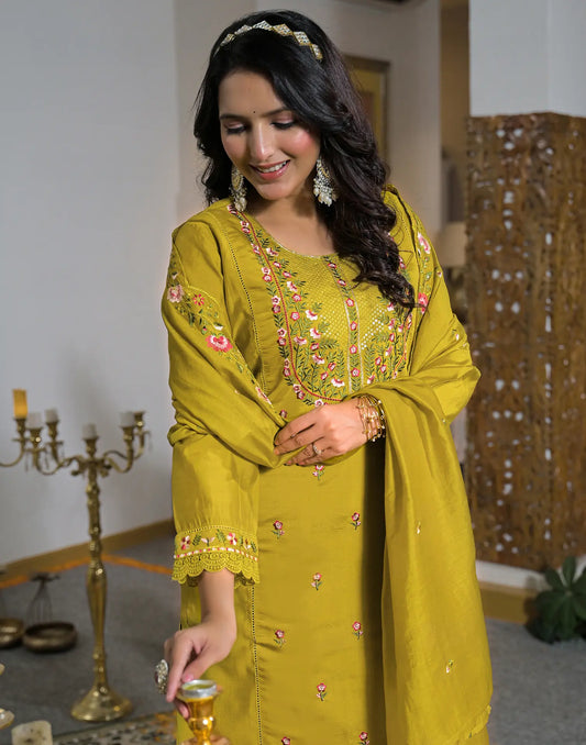 Silk Blend Embroidered Straight 3 Piece Kurta Set