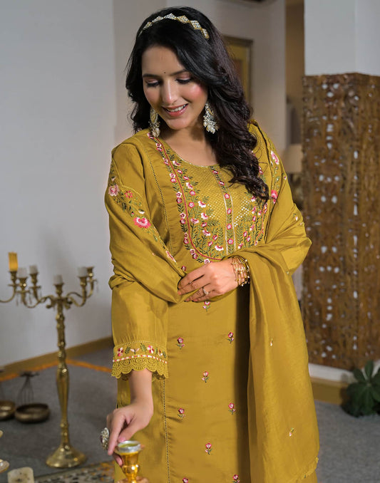 Silk Straight Embroidery Round Neck Kurta with Pant & Dupatta