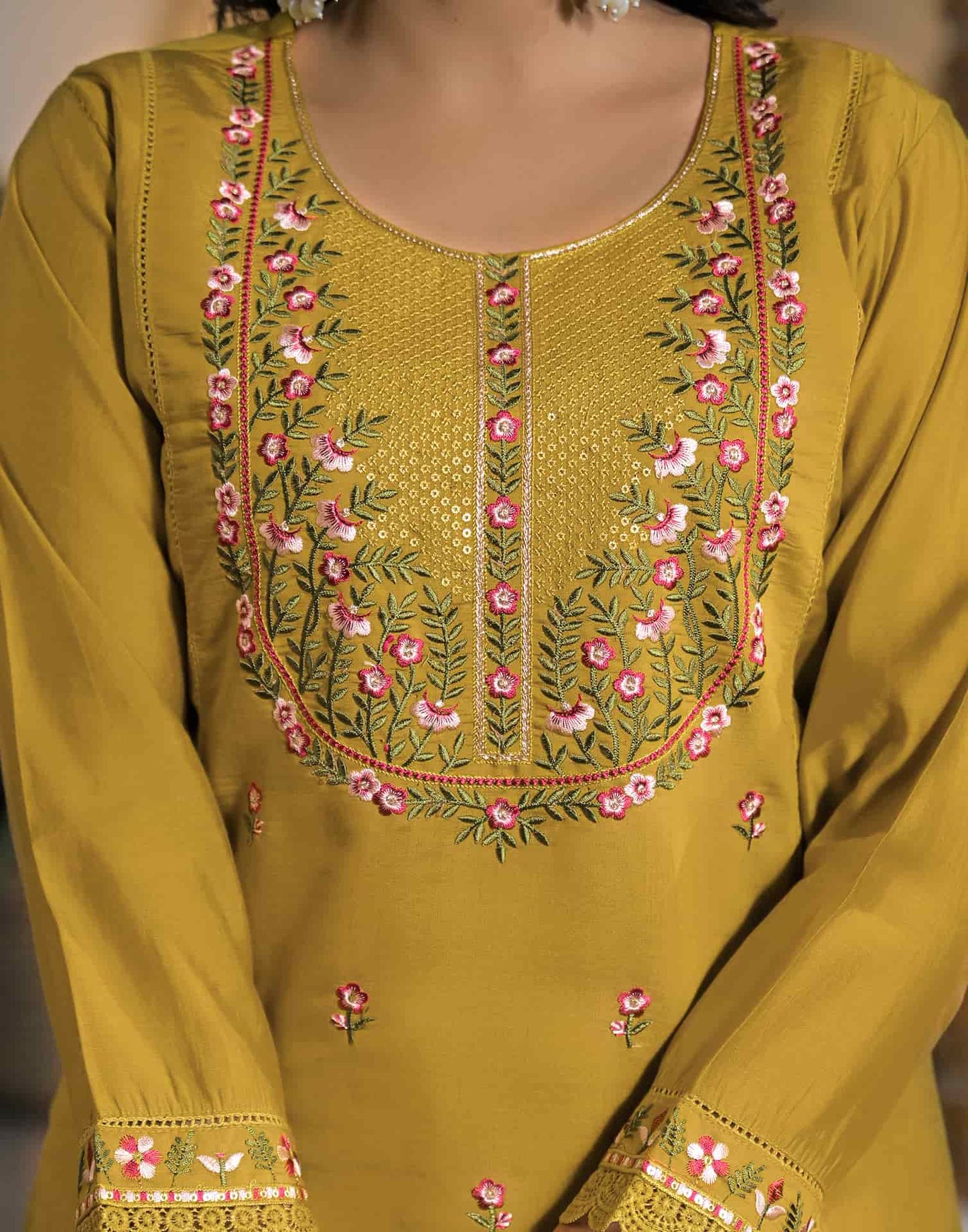 Silk Straight Embroidery Round Neck Kurta with Pant & Dupatta