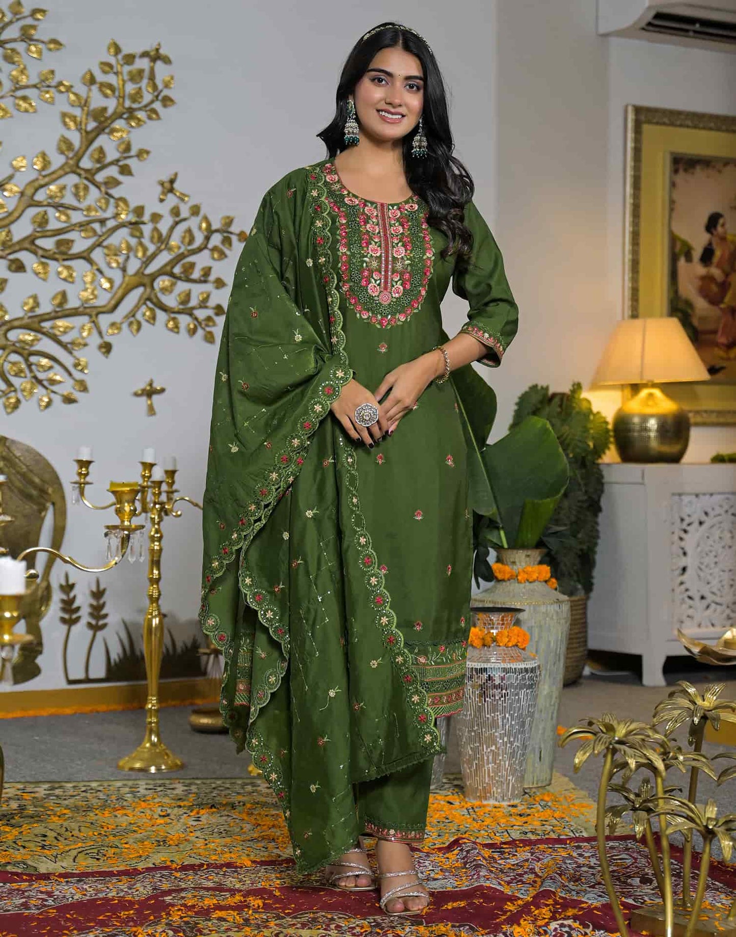 Silk Straight Embroidery Round Neck Kurta with Pant & Dupatta