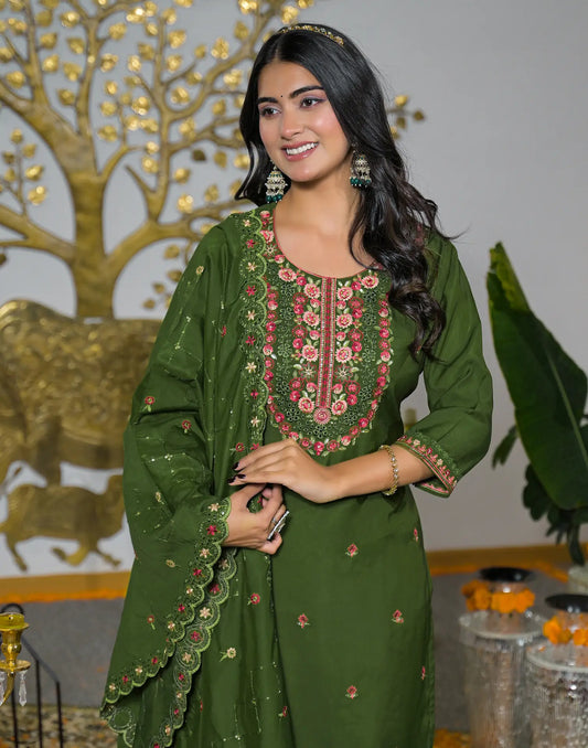 Silk Embroidered Straight 3 Piece Kurta Set